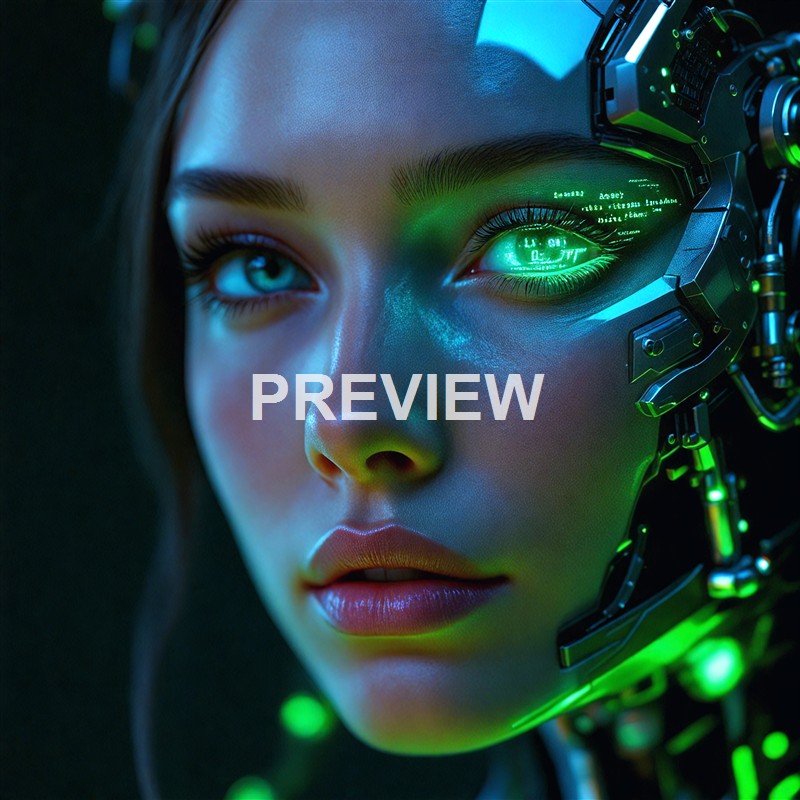 A close-up of a human face with a cybernetic eye emitting green light, integrated with advanced technological components and glowing elements.